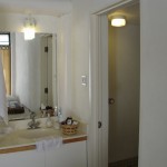 Closeup of sink/bathroom door in Arcosanti guest room